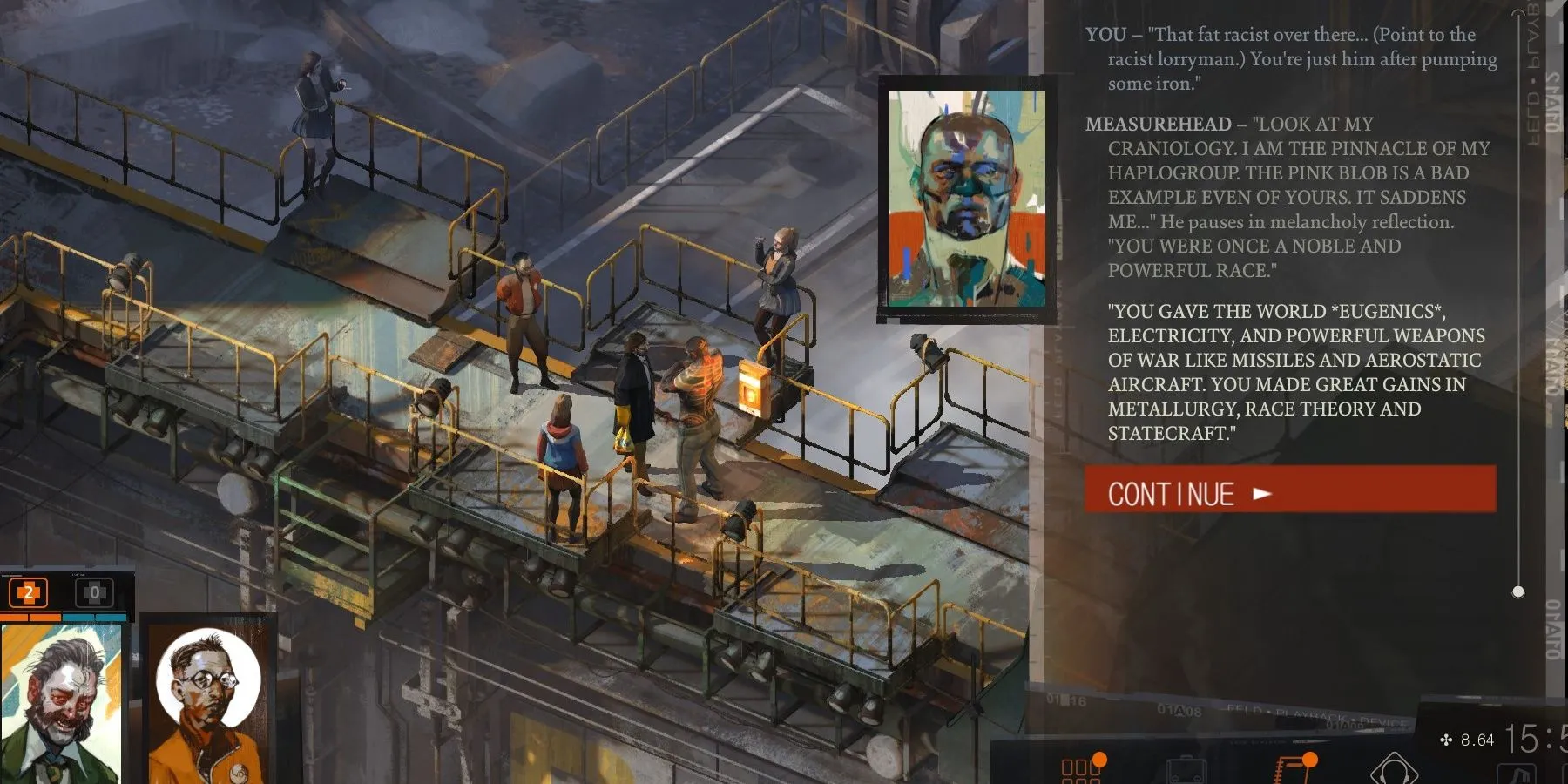 Một cảnh gameplay trong game RPG độc đáo Disco Elysium, chạy ổn định trên Chromebook Plus.
