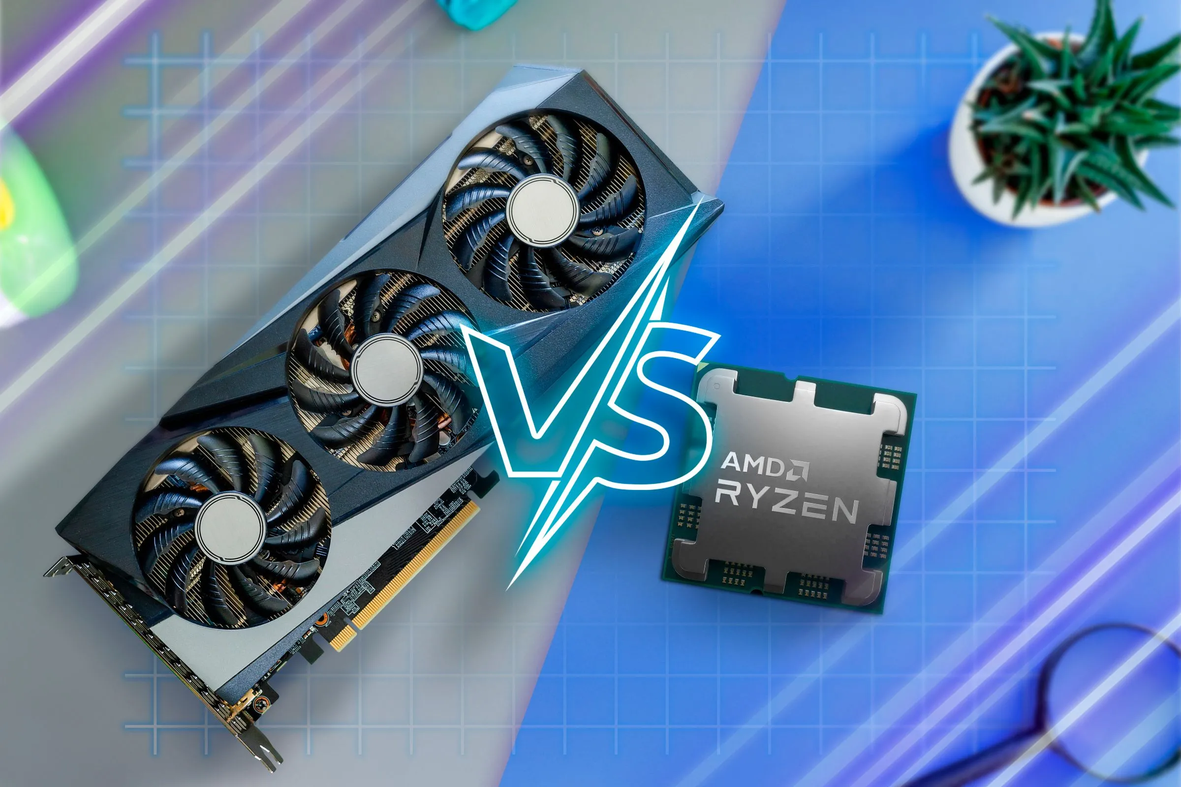 Một card đồ họa (GPU) và bộ xử lý trung tâm (CPU) đặt trên bàn, tượng trưng cho hai thành phần phần cứng quan trọng chịu trách nhiệm xử lý transcoding trong Plex server.