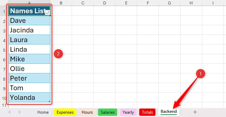 Một danh sách tên được sắp xếp theo thứ tự chữ cái trong bảng Excel trên một worksheet &quot;Backend&quot;, sẵn sàng để dùng làm nguồn cho danh sách thả xuống.