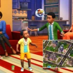 Một gia đình đang sinh hoạt trong phòng khách Sims 4, với hộp game SimCity 4 ở góc.
