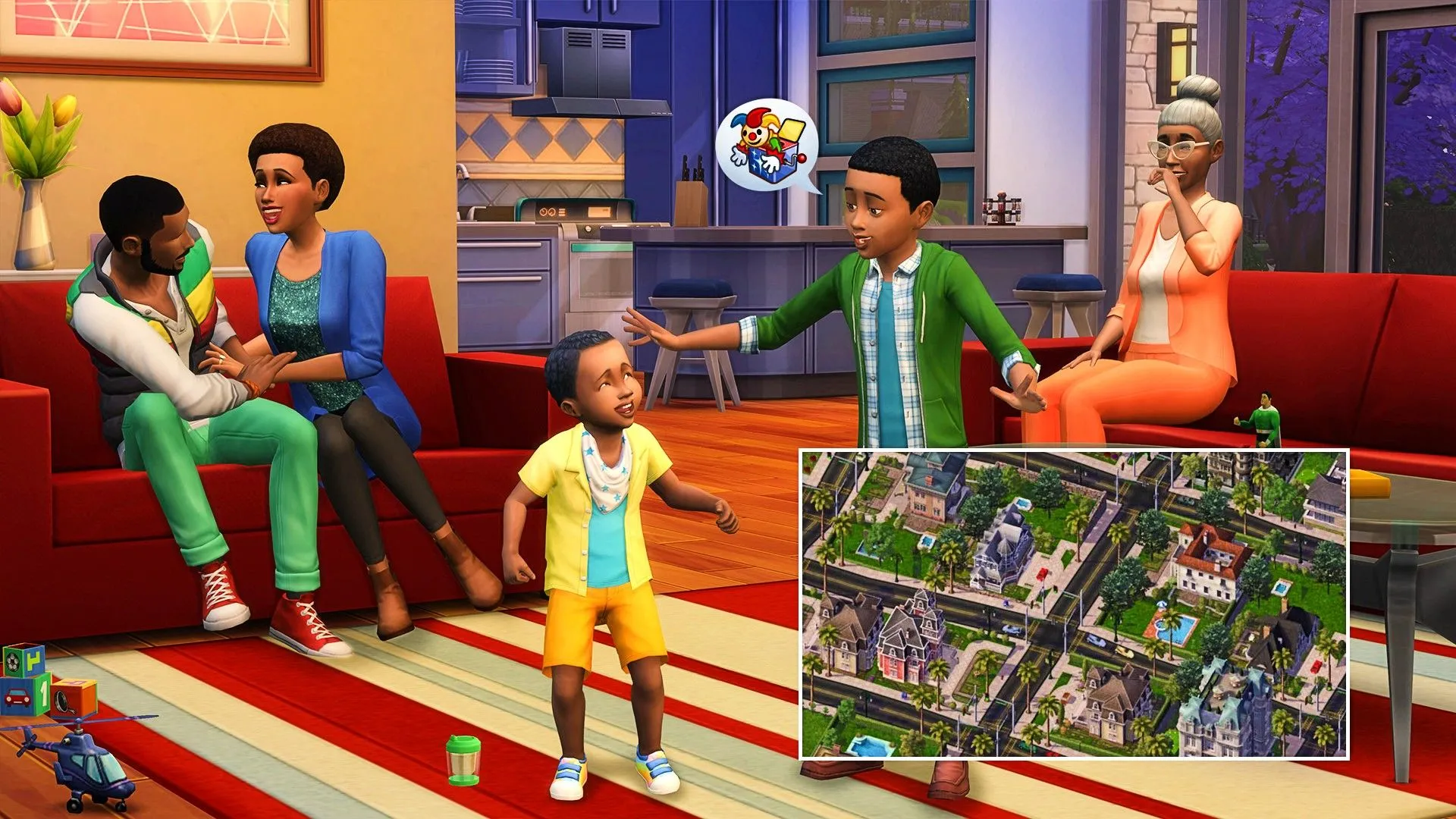 Một gia đình đang sinh hoạt trong phòng khách Sims 4, với hộp game SimCity 4 ở góc.