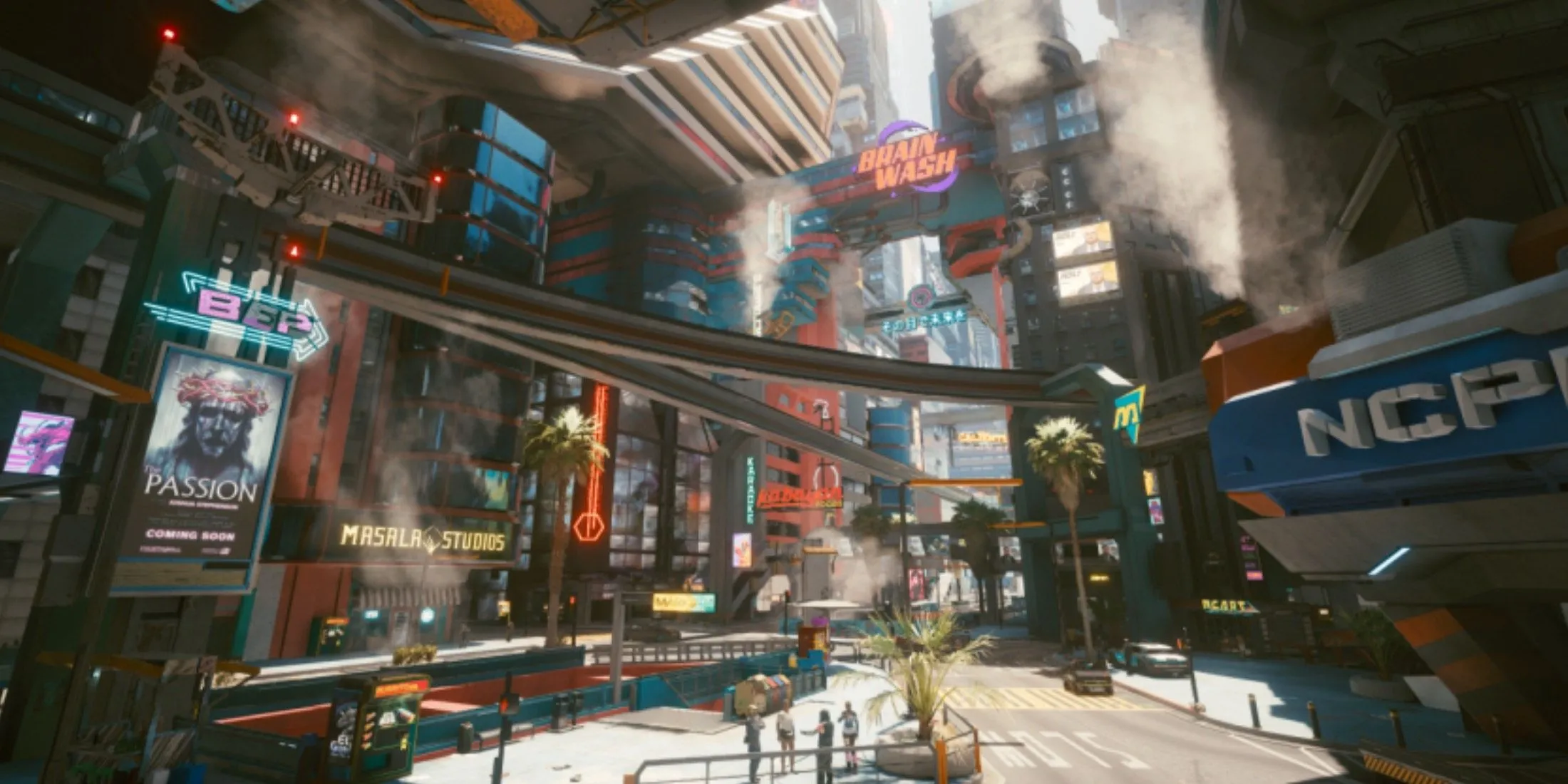Một góc phố Night City với sự hiện diện của NCPD, phản ánh không khí khắc nghiệt của Cyberpunk 2077.