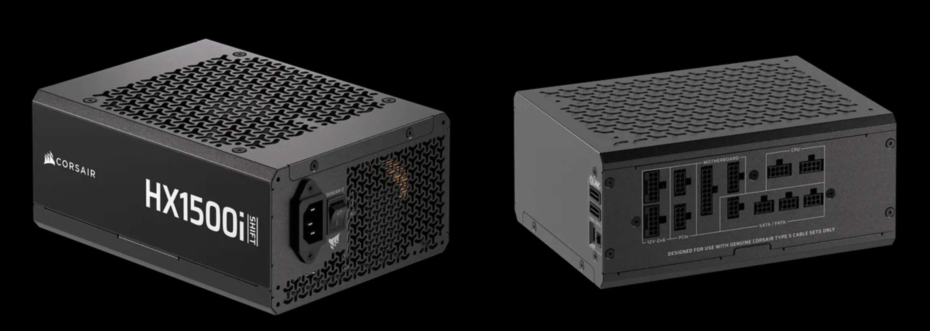 Một hình ảnh cận cảnh bộ nguồn Corsair HX1500i SHIFT, một trong những model thuộc dòng HXi SHIFT mới với các tính năng tiên tiến.