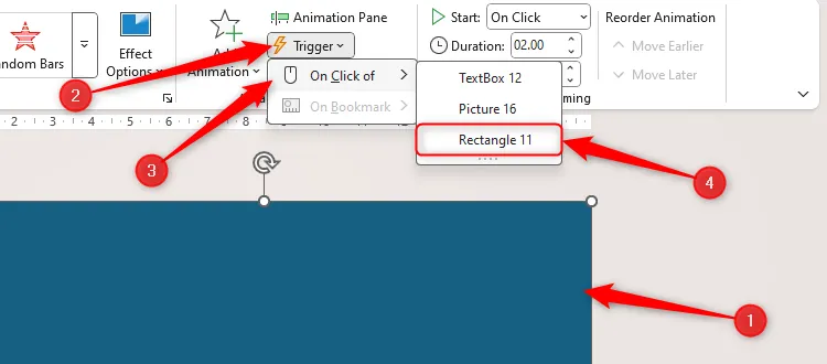 Một hình chữ nhật được chọn trong PowerPoint, và tùy chọn &quot;Rectangle 11&quot; được chọn trong menu &quot;On Click Of&quot; của mục &quot;Trigger&quot; để kích hoạt hiệu ứng.