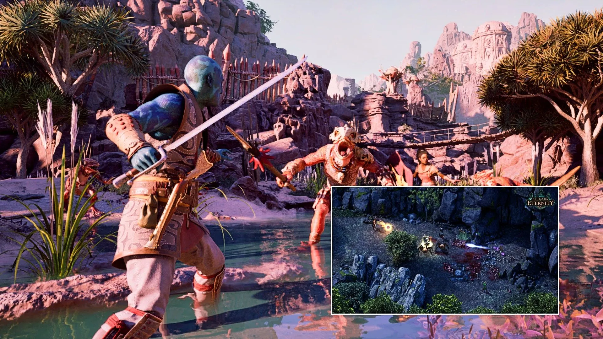 Một người chơi trong Avowed đang chờ đợi chiến đấu với kẻ thù, cùng hộp game Pillars of Eternity ở góc.