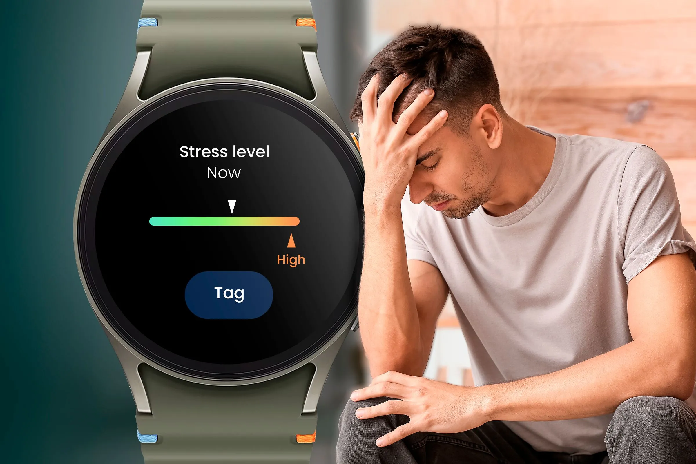 Một người đàn ông trẻ đang trầm tư, có vẻ căng thẳng, bên cạnh là chiếc đồng hồ Galaxy Watch, minh họa tác động của mạng xã hội đến sức khỏe tinh thần.