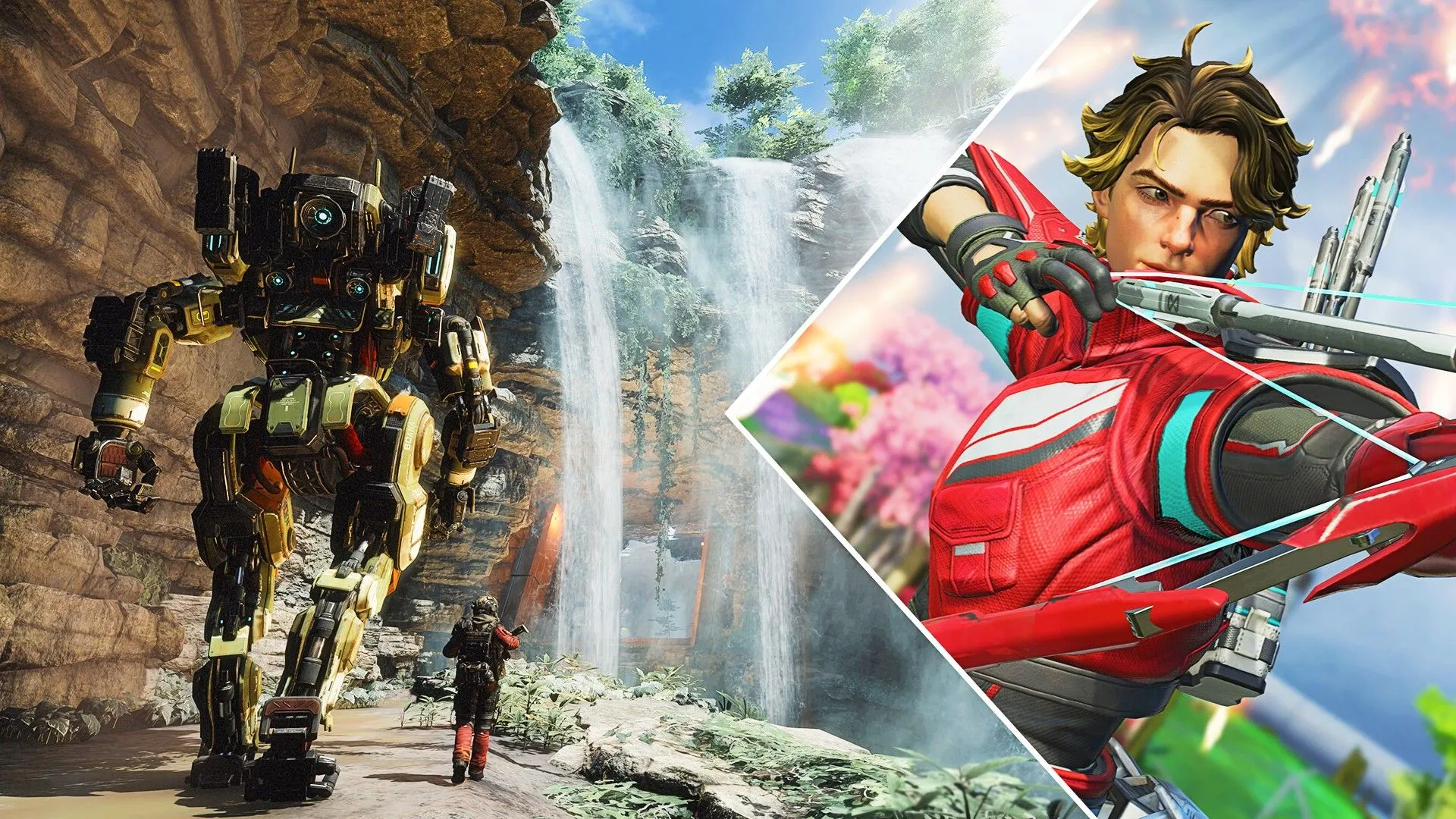 Một người máy Titan và một người đi bộ trên đường trong Titanfall 2, cùng một nhân vật cầm cung từ Apex Legends.