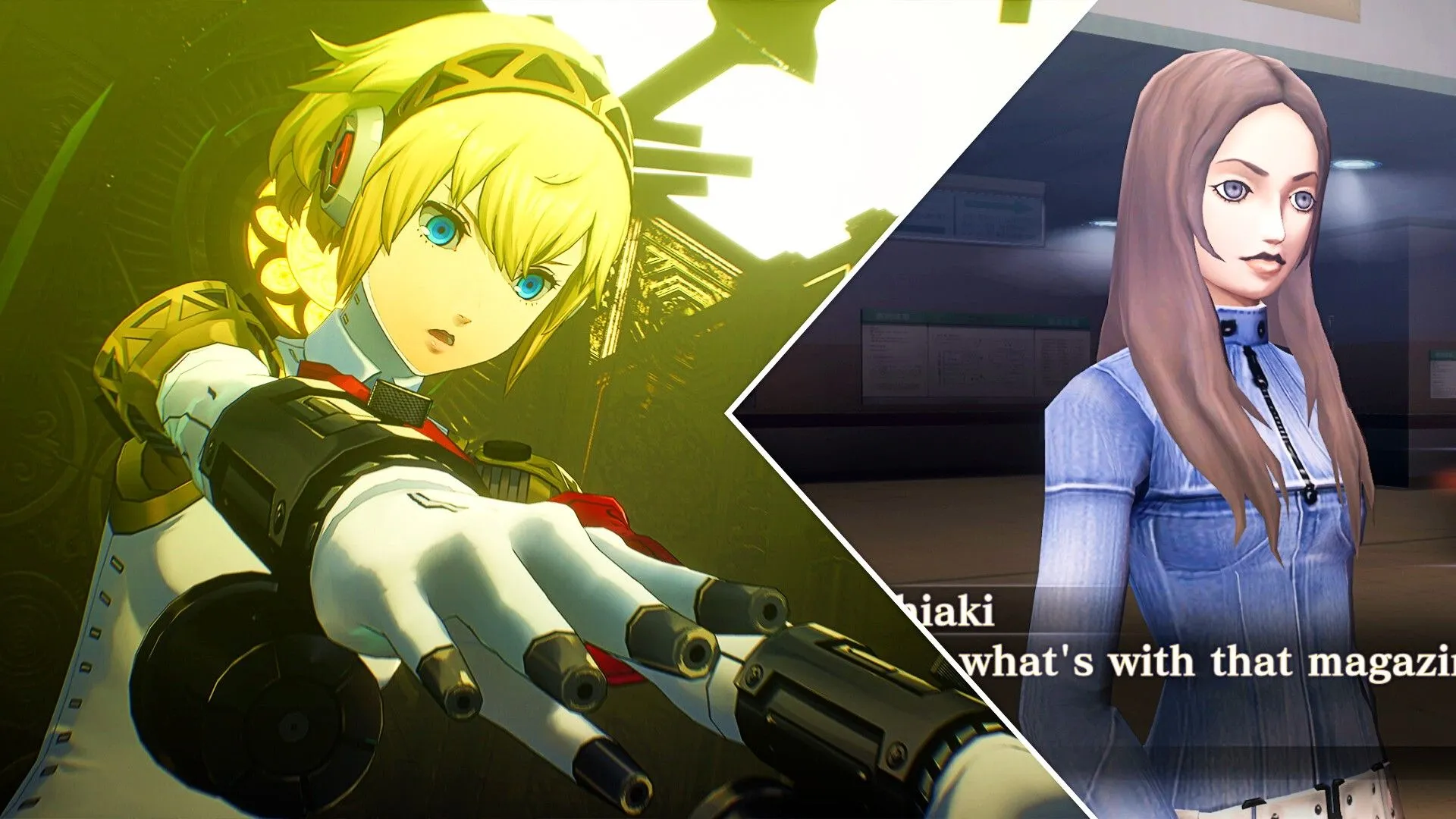 Một nhân vật tóc vàng từ Persona 3 Reload bên cạnh một nhân vật nữ từ Shin Megami Tensei.