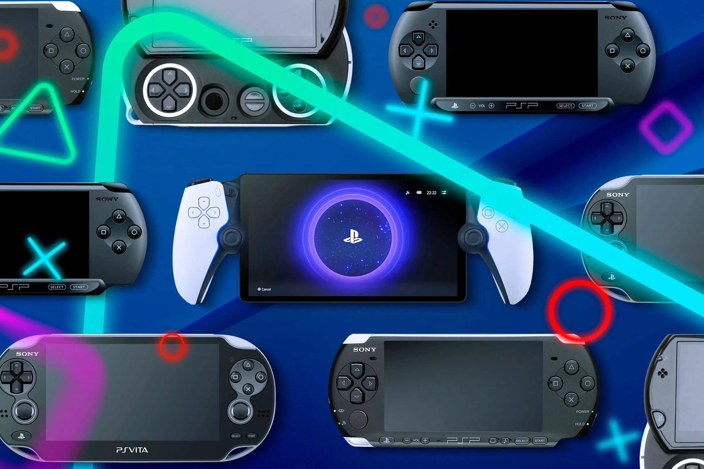 Một số mẫu máy chơi game cầm tay của Sony đặt cạnh nhau.