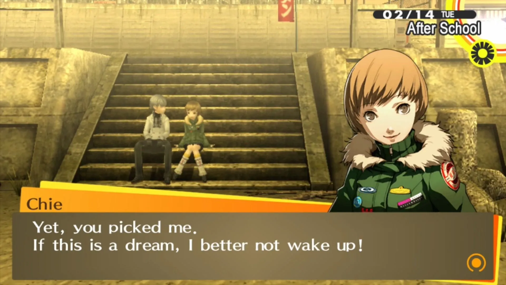 Narukami và Chie trong Persona 4 Golden vào ngày Valentine, một ví dụ về các lựa chọn tình yêu trong game.