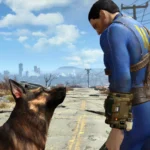 Nate nhìn xuống Dogmeat trên con đường hoang tàn trong thế giới hậu tận thế của Fallout 4
