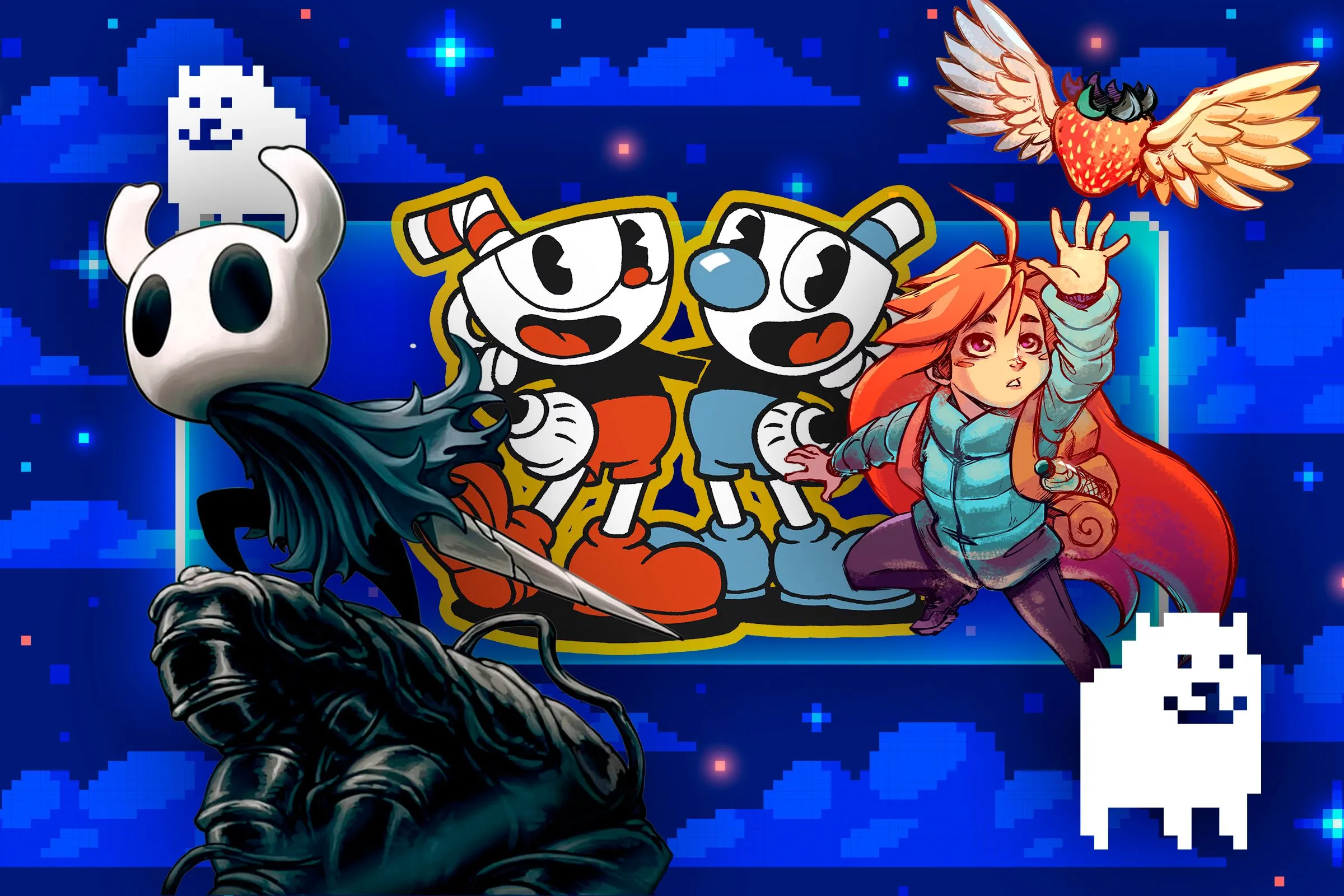 Nền đồ họa pixelated với nhân vật game indie, tượng trưng cho sự phát triển của các studio nhỏ.