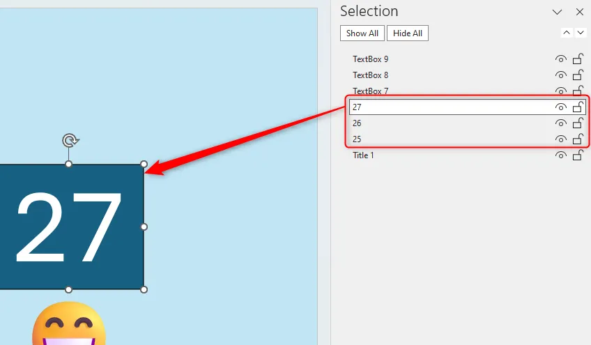 Ngăn Selection Pane trong PowerPoint hiển thị các đối tượng đã được đổi tên để dễ quản lý.