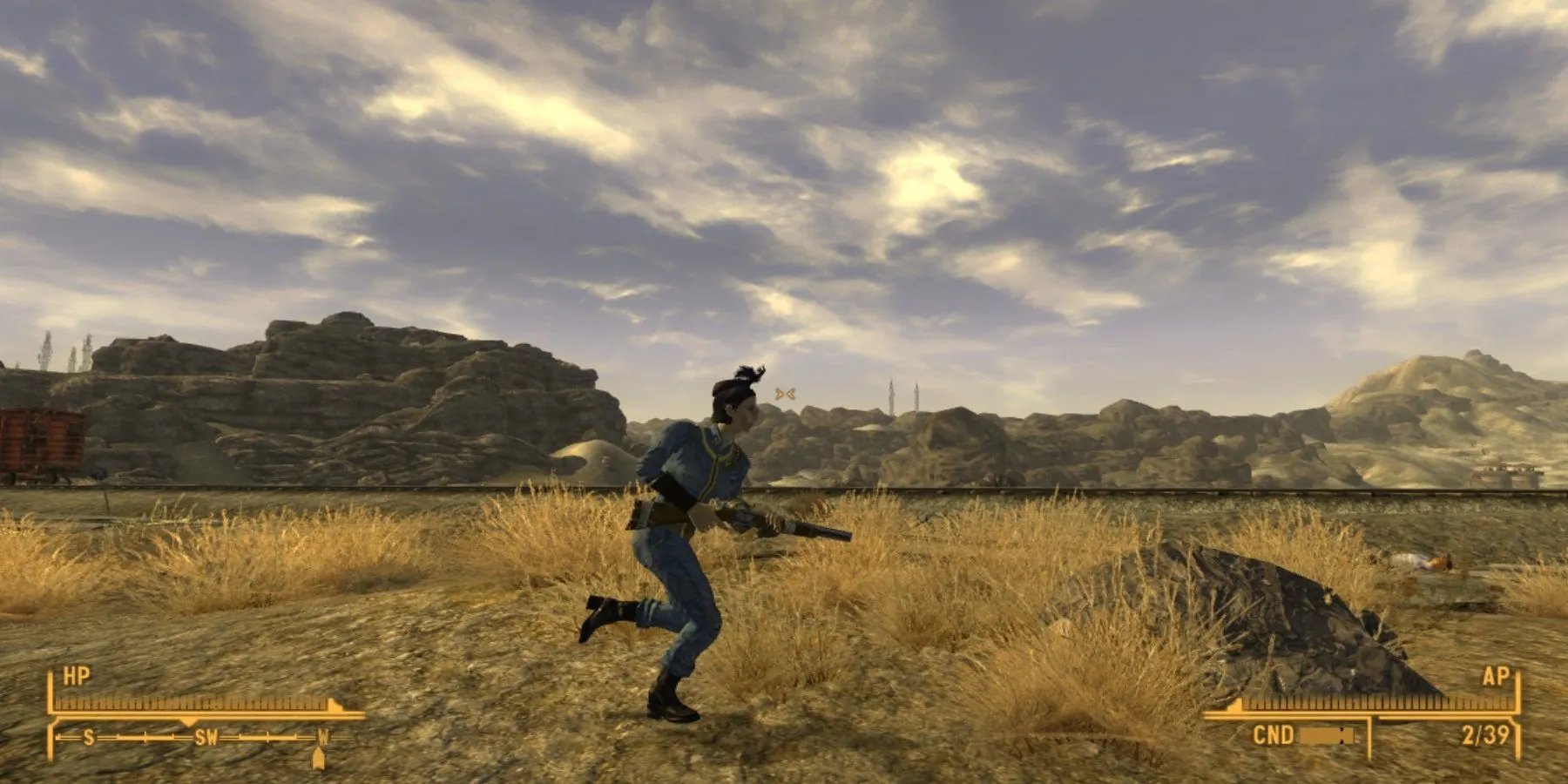 Người chơi đang chạy trong Fallout New Vegas với mod tăng tốc độ di chuyển và cải thiện lối chơi
