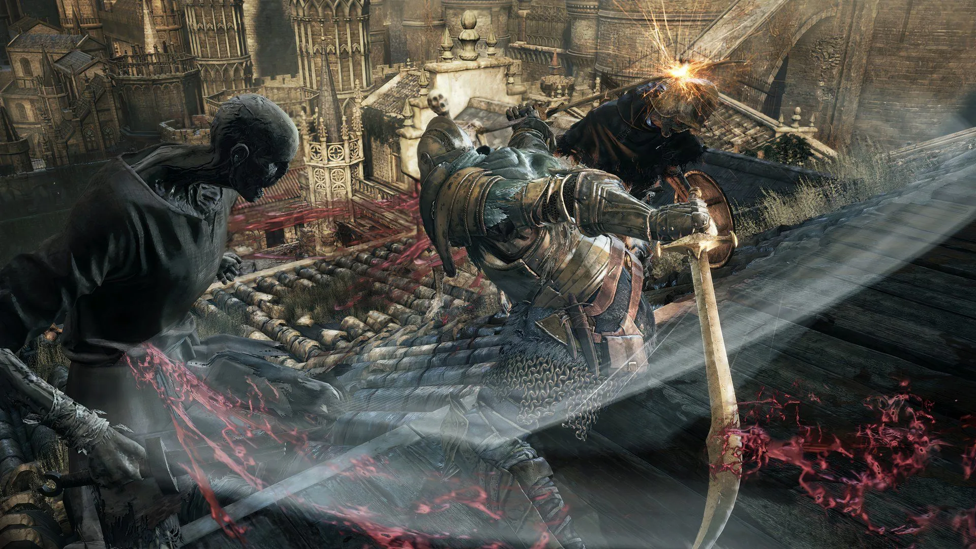 Người chơi đối mặt với nhiều kẻ thù trong trận chiến gay cấn của Dark Souls III, thể hiện tính thử thách của chế độ khó được thiết kế tốt
