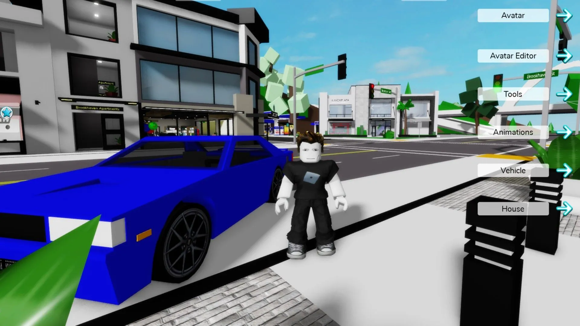 Người chơi đứng cạnh ô tô trên đường phố trong game Brookhaven trên Roblox