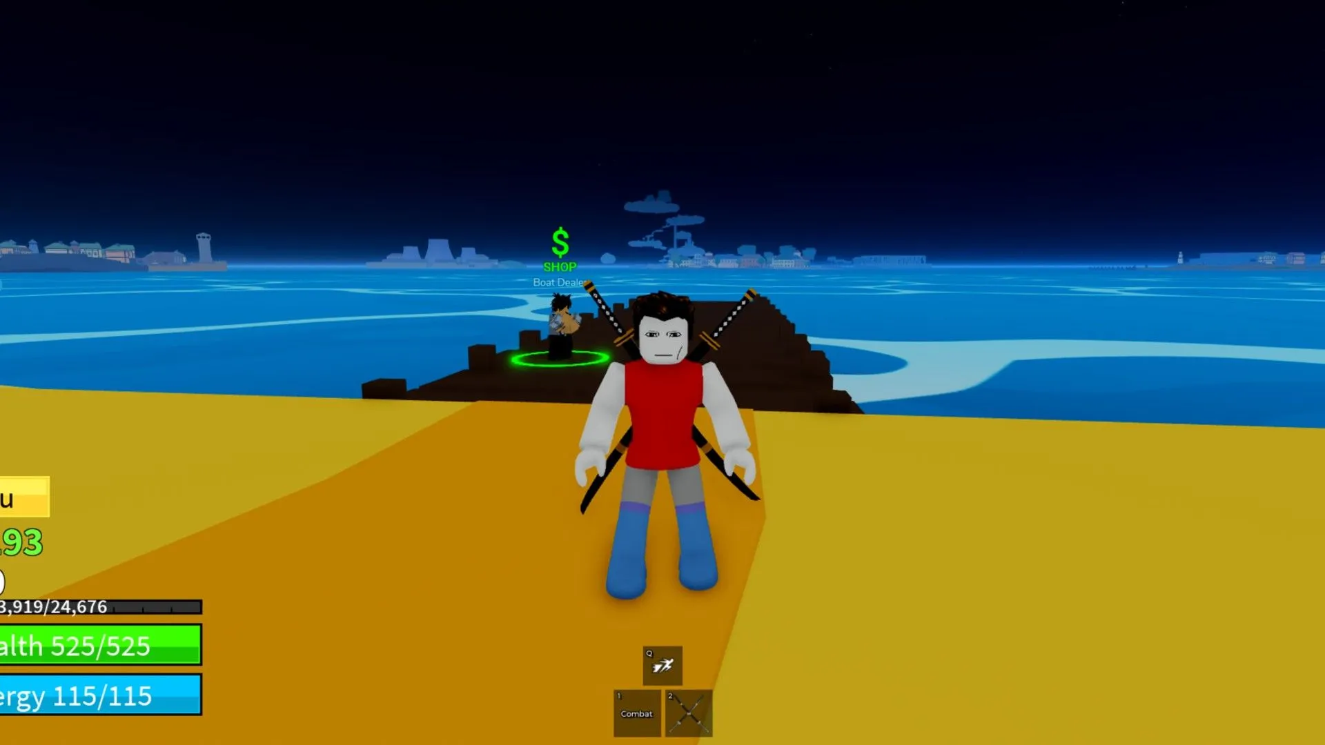 Người chơi đứng với hai thanh kiếm trên lưng gần bến tàu trong game Roblox Bloxfruits
