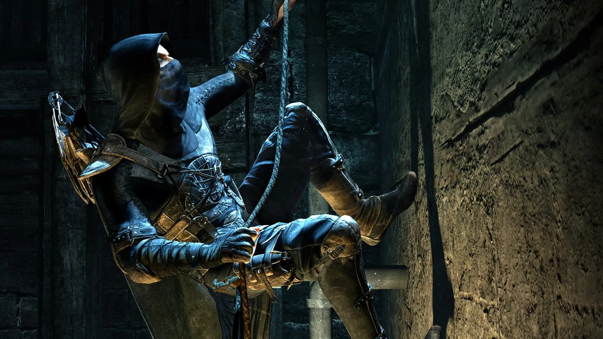Người chơi game Thief đang leo tường thực hiện lối chơi lén lút