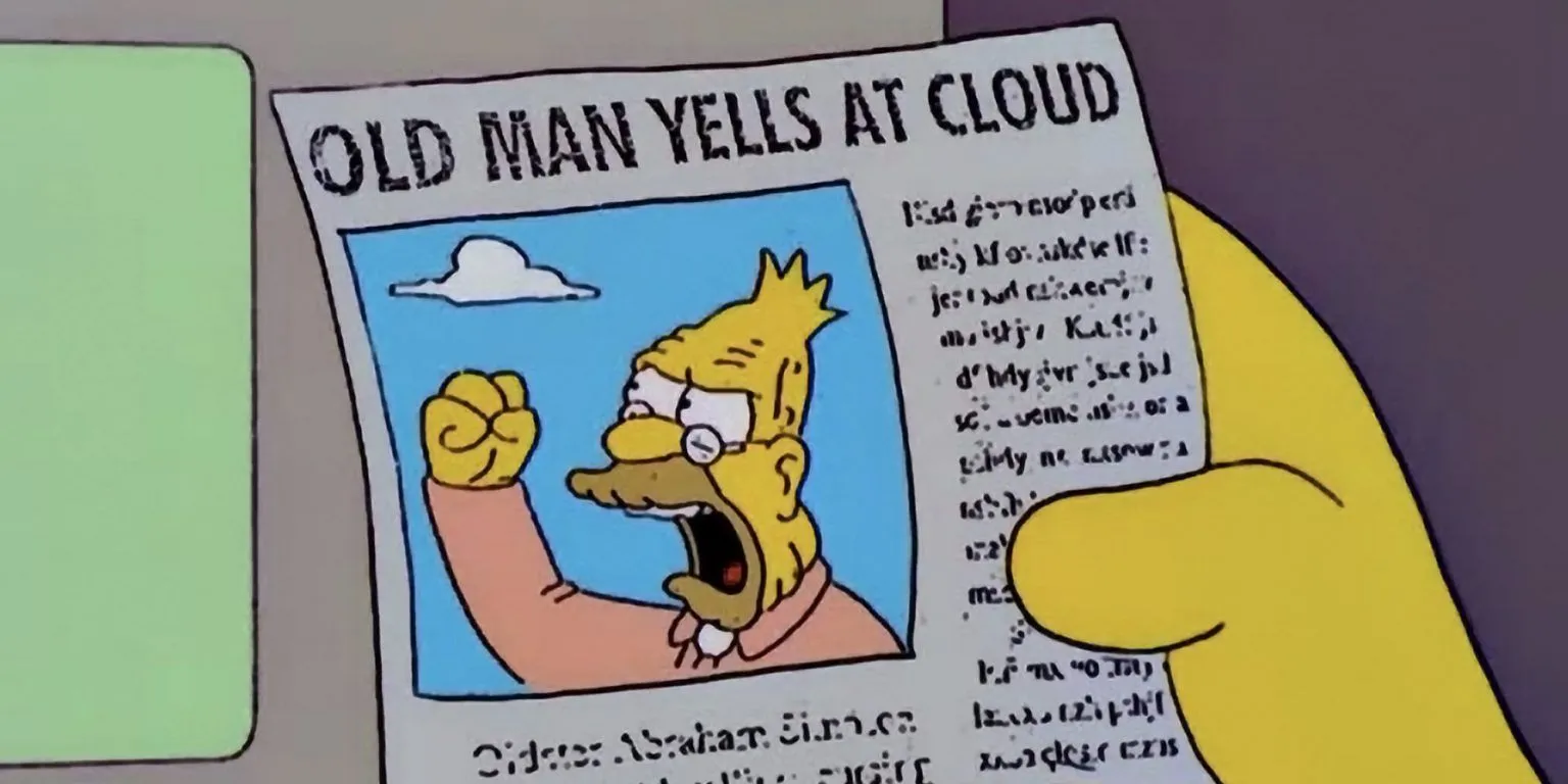 Người đàn ông lớn tuổi quát vào đám mây (meme Grandpa Simpson) biểu tượng sự hoài nghi về việc cấm điện thoại