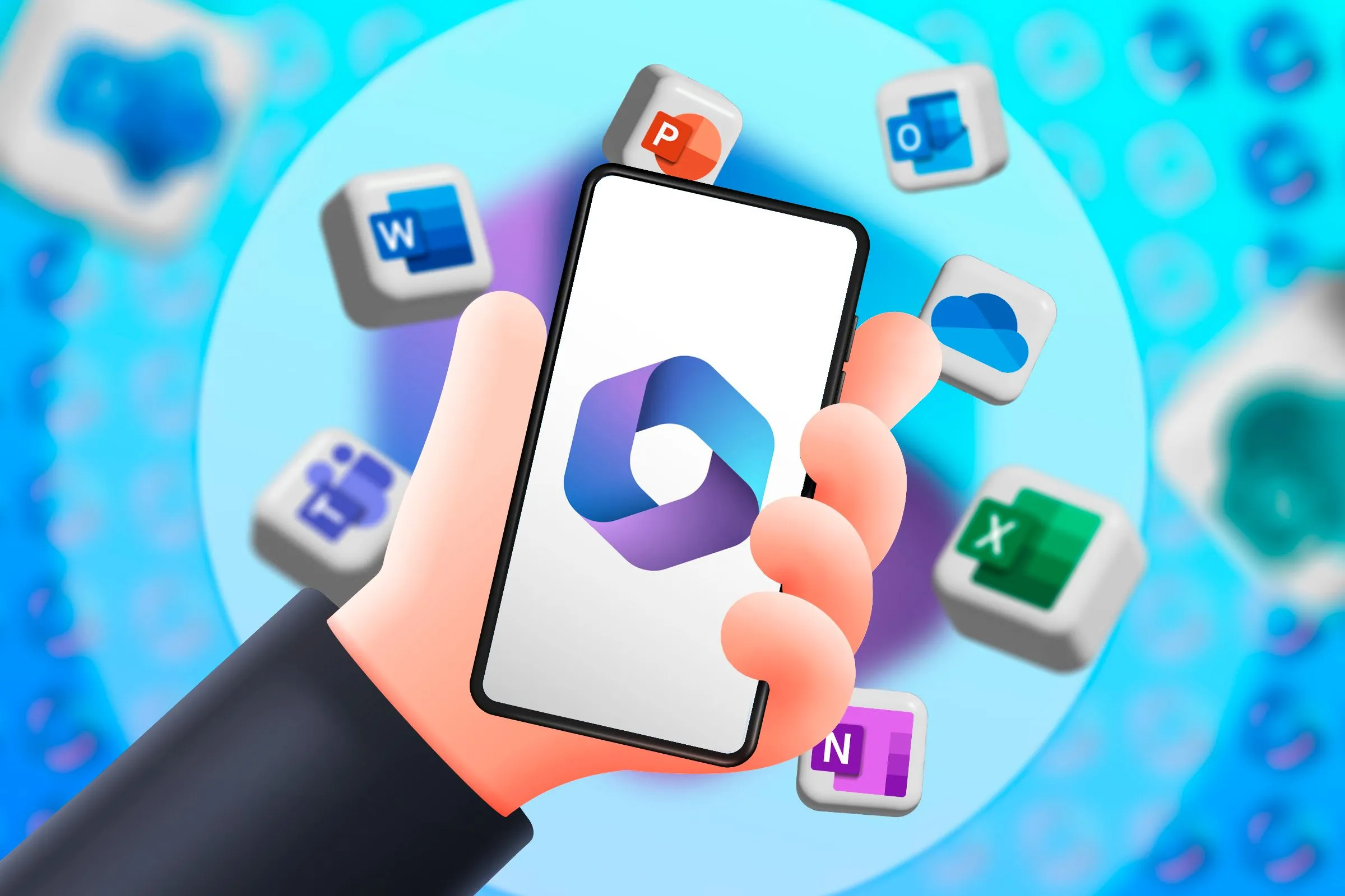 Người dùng đang cầm điện thoại hiển thị logo Microsoft 365 với các biểu tượng ứng dụng Word, Excel, PowerPoint xung quanh