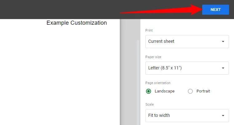 Nhấn &quot;Tiếp theo&quot; để hoàn tất cài đặt in Google Sheets và chuyển đến trình điều khiển máy in