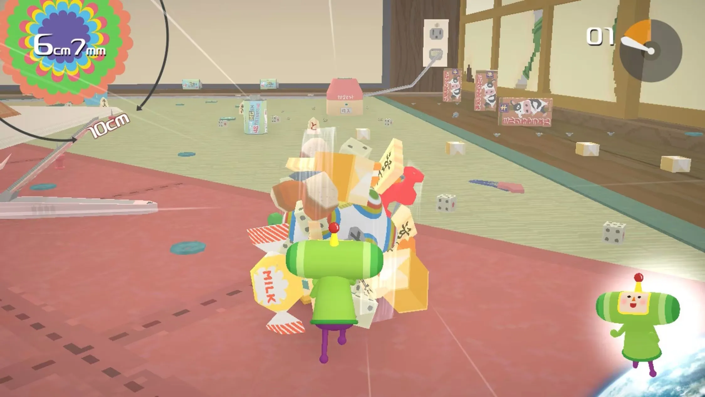 Nhân vật chính đang lăn một khối cầu khổng lồ chứa đồ vật trong game Katamari Damacy REROLL