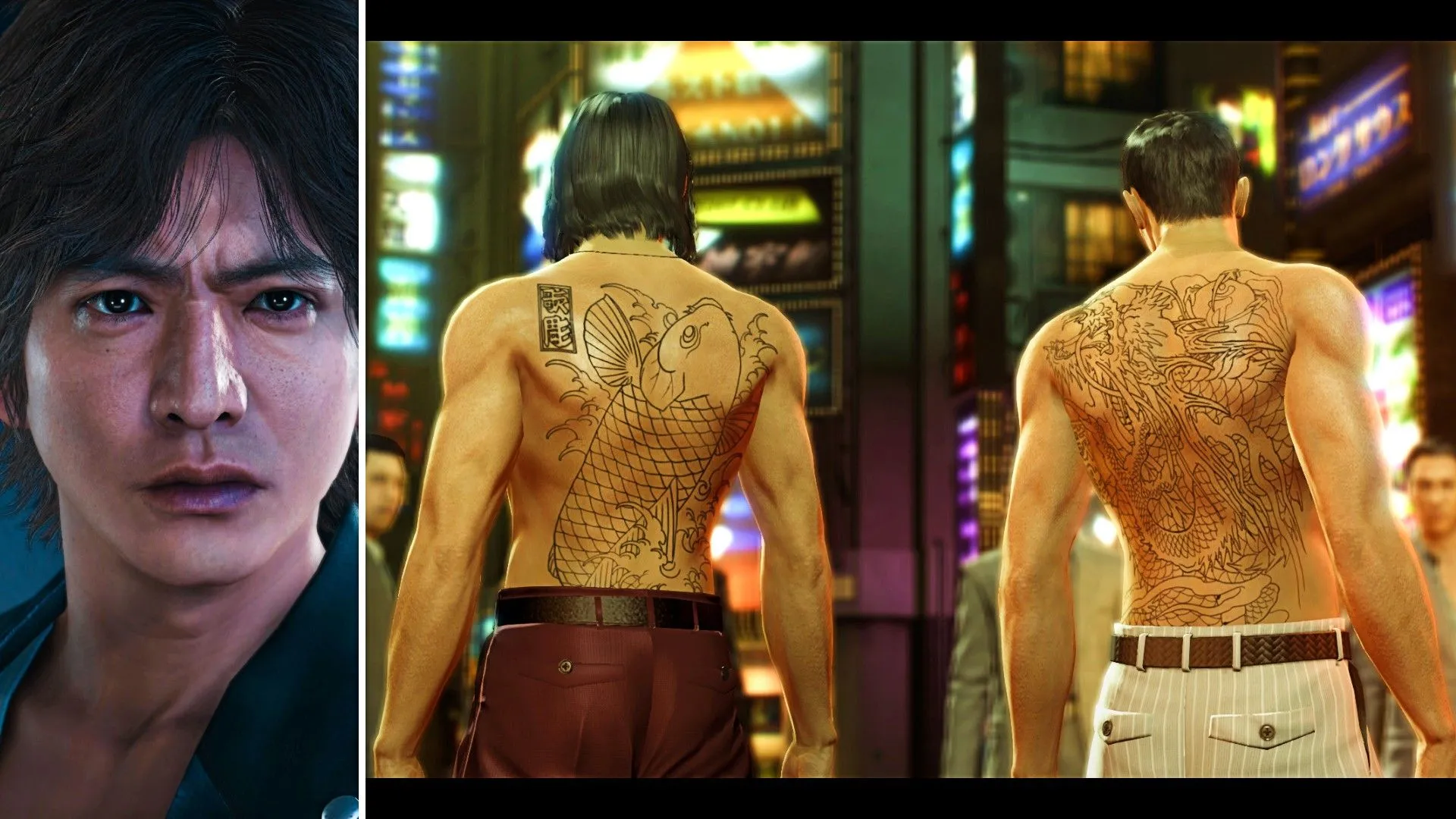 Nhân vật chính từ Judgment bên cạnh hai nhân vật chính từ Yakuza 0.