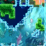 Nhân vật Madeline tóc đỏ đang rơi trong môi trường nền tảng xanh và pha lê của game Celeste.