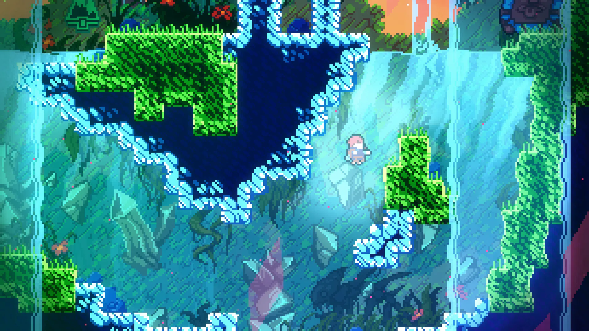 Nhân vật Madeline tóc đỏ đang rơi trong môi trường nền tảng xanh và pha lê của game Celeste.