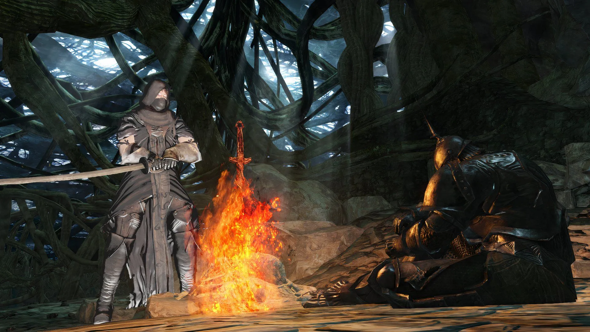 Nhân vật người chơi nghỉ ngơi tại Bonfire trong Dark Souls 2