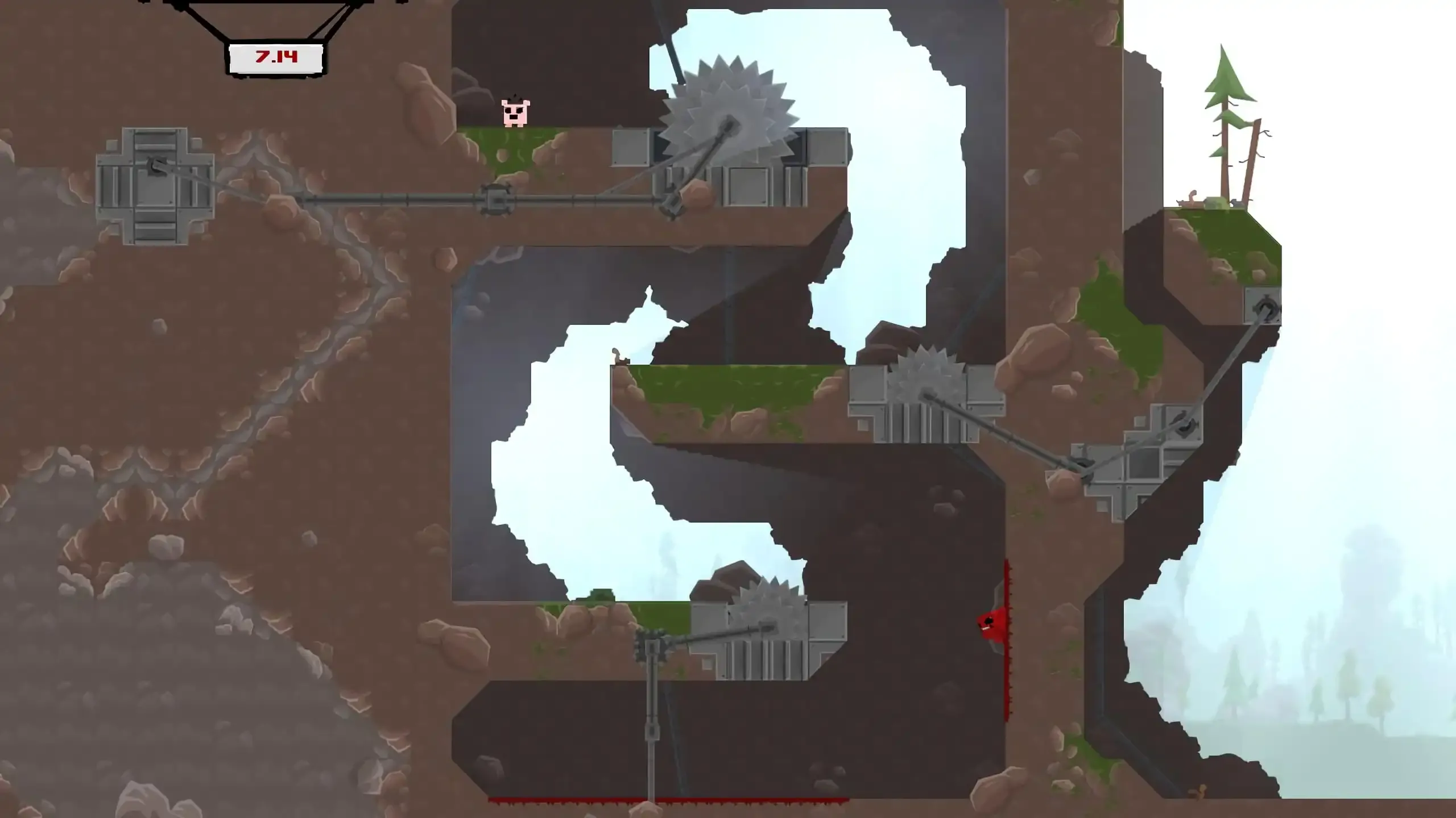 Nhân vật Super Meat Boy hình khối đỏ đang trượt xuống bức tường, phía trước là hàng loạt cưa máy nguy hiểm trong game.