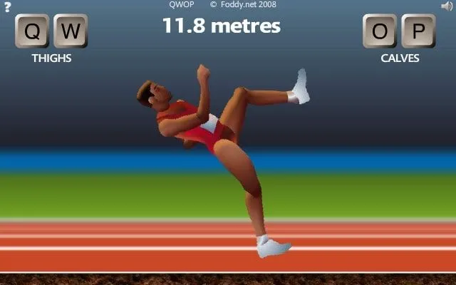 Nhân vật vận động viên đang cố gắng chạy trong game QWOP nổi tiếng với cơ chế điều khiển chân phức tạp.