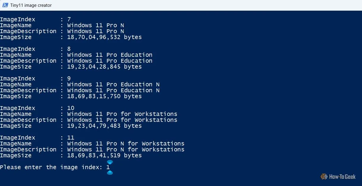 Nhập chỉ số phiên bản hệ điều hành vào PowerShell để tạo ISO Tiny11