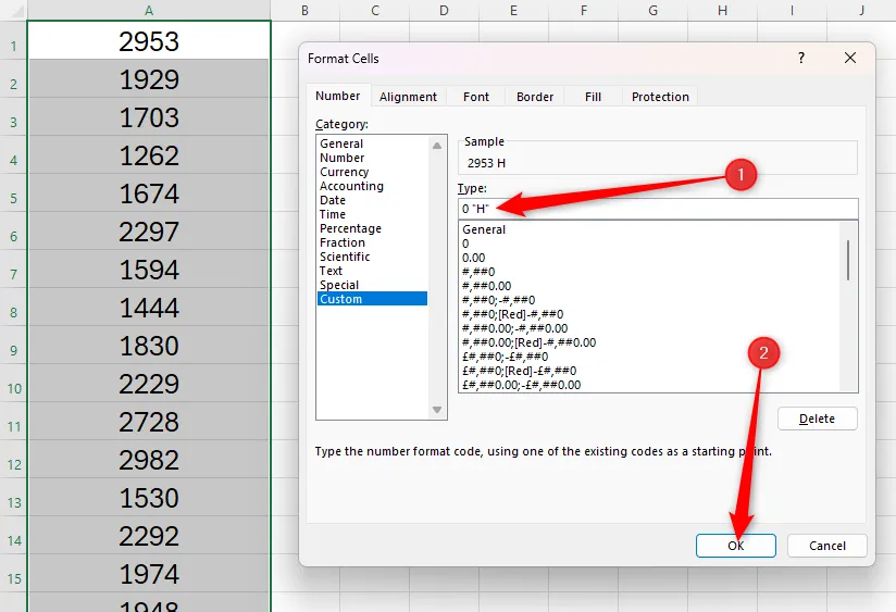 Nhập mã định dạng tùy chỉnh 0 H để thêm ký tự H sau mỗi số trong Excel