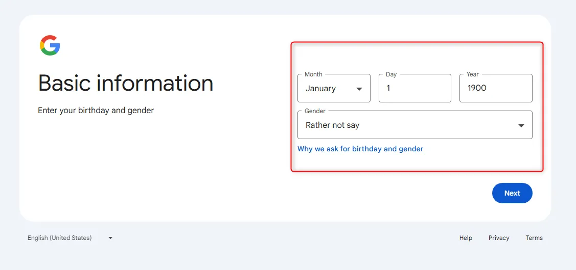 Nhập ngày sinh và giới tính khi tạo tài khoản Google