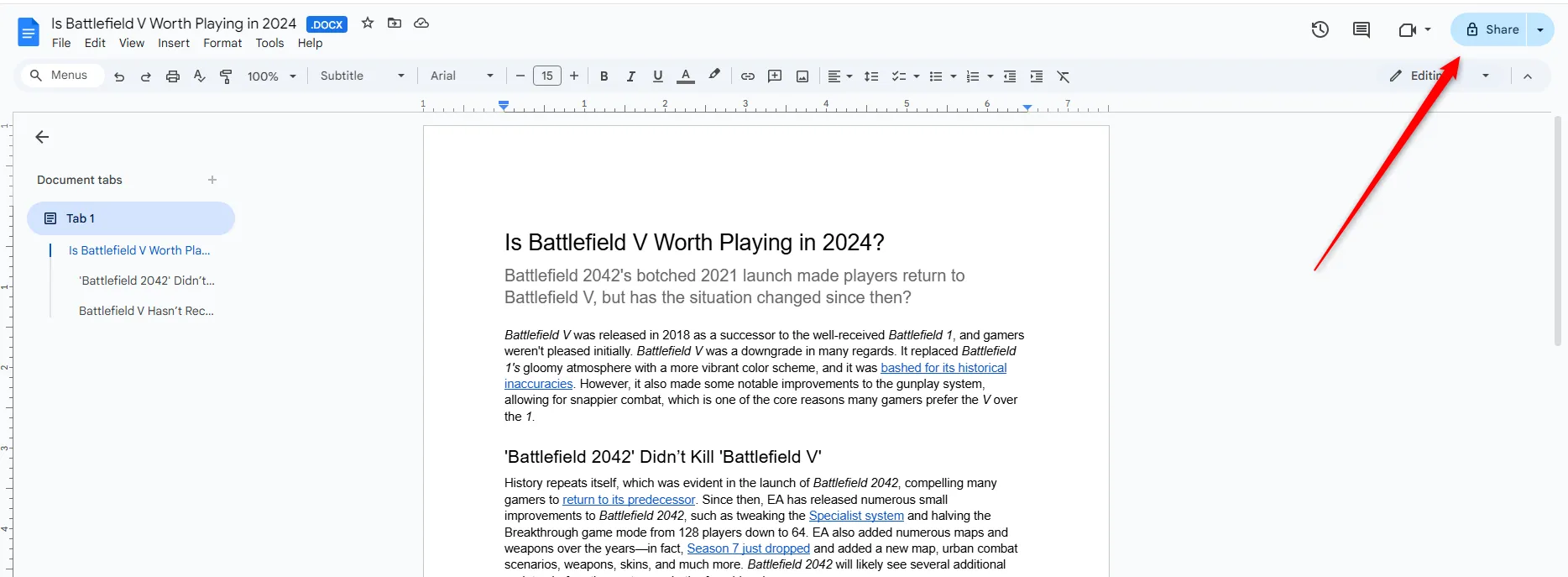 Nút &quot;Chia sẻ&quot; màu xanh ở góc trên bên phải tài liệu Google Docs