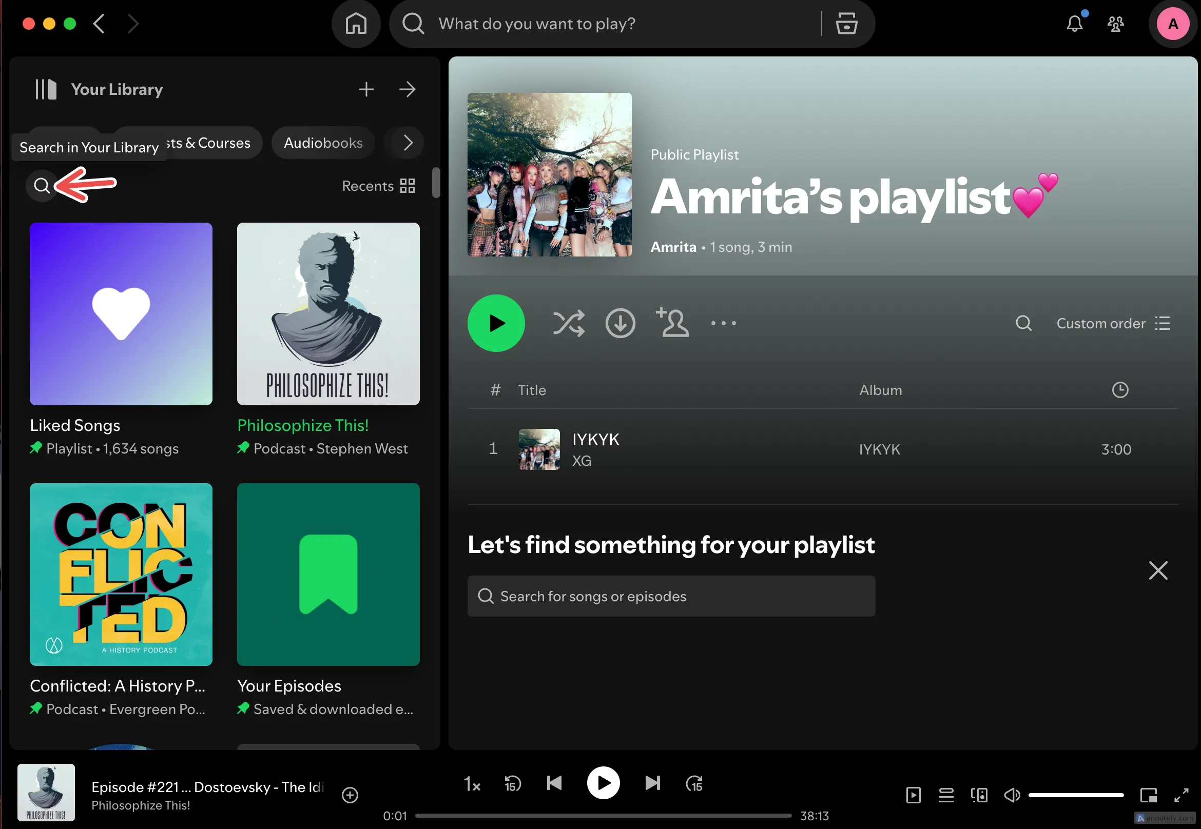 Nút tìm kiếm trong thư viện của ứng dụng Spotify, gợi ý việc quản lý playlist dễ dàng hơn trên máy tính.