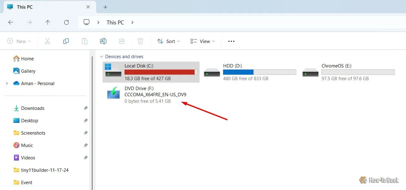 Ổ đĩa F chứa file ISO Windows 11 đã được mount trong This PC