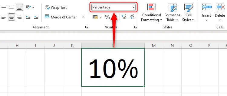 Ô L1 trong Excel hiển thị giá trị phần trăm và định dạng số tương ứng trên thanh Ribbon