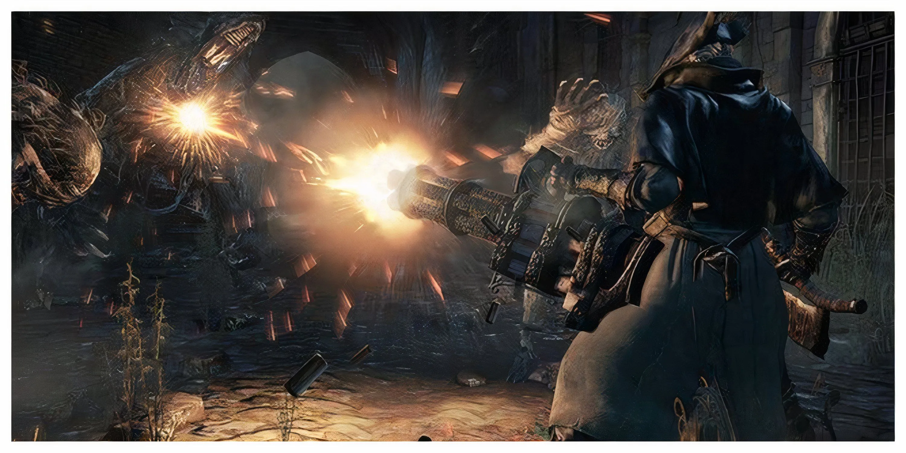 Pha kết liễu Visceral Attack ấn tượng của thợ săn trong Bloodborne, thể hiện sự thành thạo trong chiến đấu