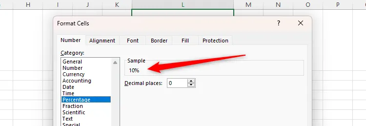Phần Sample trong tab Number của hộp thoại Format Cells hiển thị kết quả định dạng phần trăm