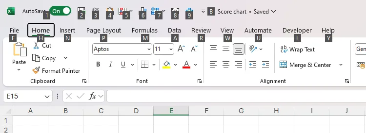 Phím Alt trong Excel kích hoạt các chữ cái gợi ý trên giao diện Ribbon, giúp điều hướng nhanh chóng.