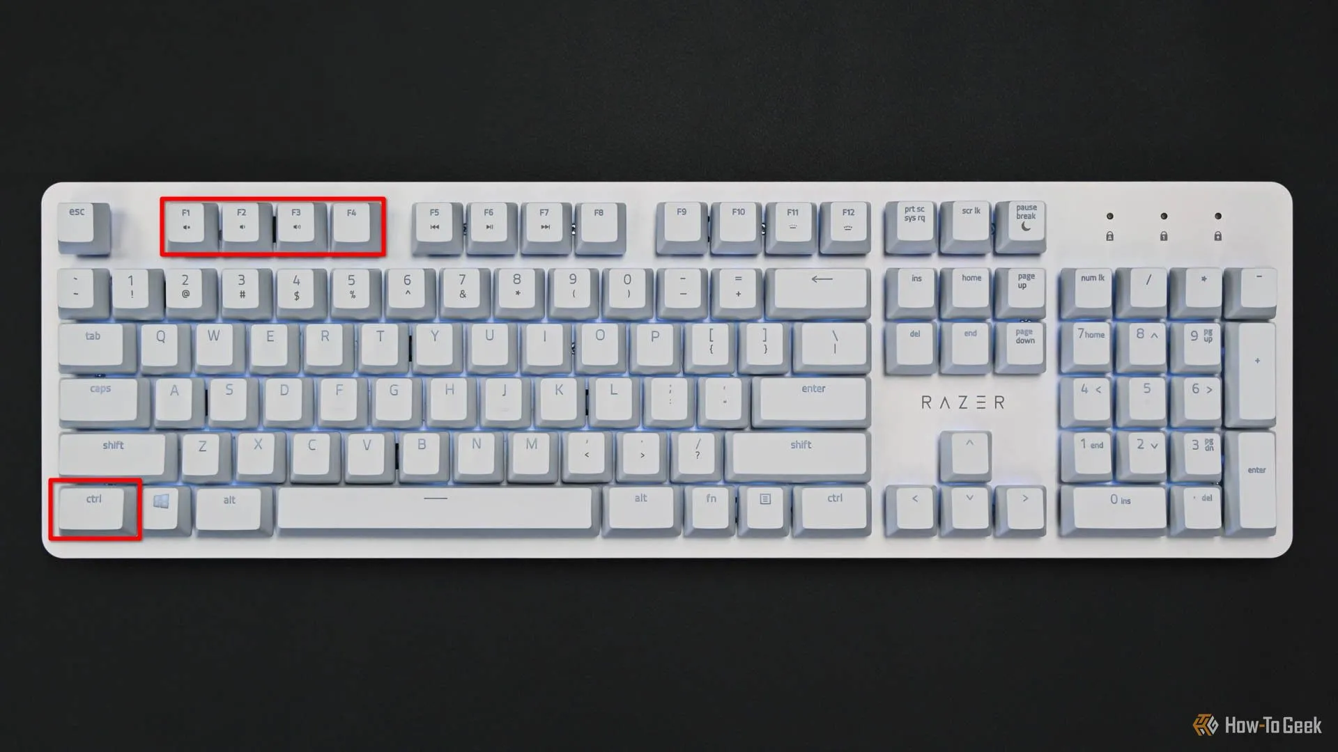 Phím Ctrl và các phím chức năng (F) được đánh dấu trên bàn phím, dùng để chuyển màn hình ảo KDE.