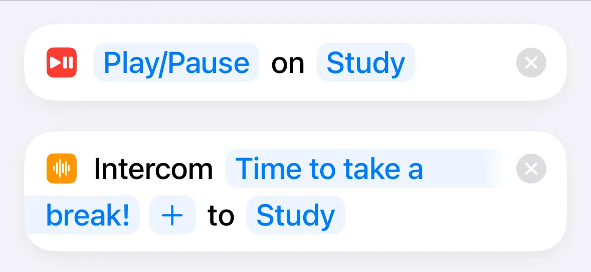 Phím tắt &quot;Tạm dừng Hẹn giờ Pomodoro&quot; trên iPhone với hành động Tạm dừng nhạc và Liên lạc nội bộ để thông báo hết giờ.