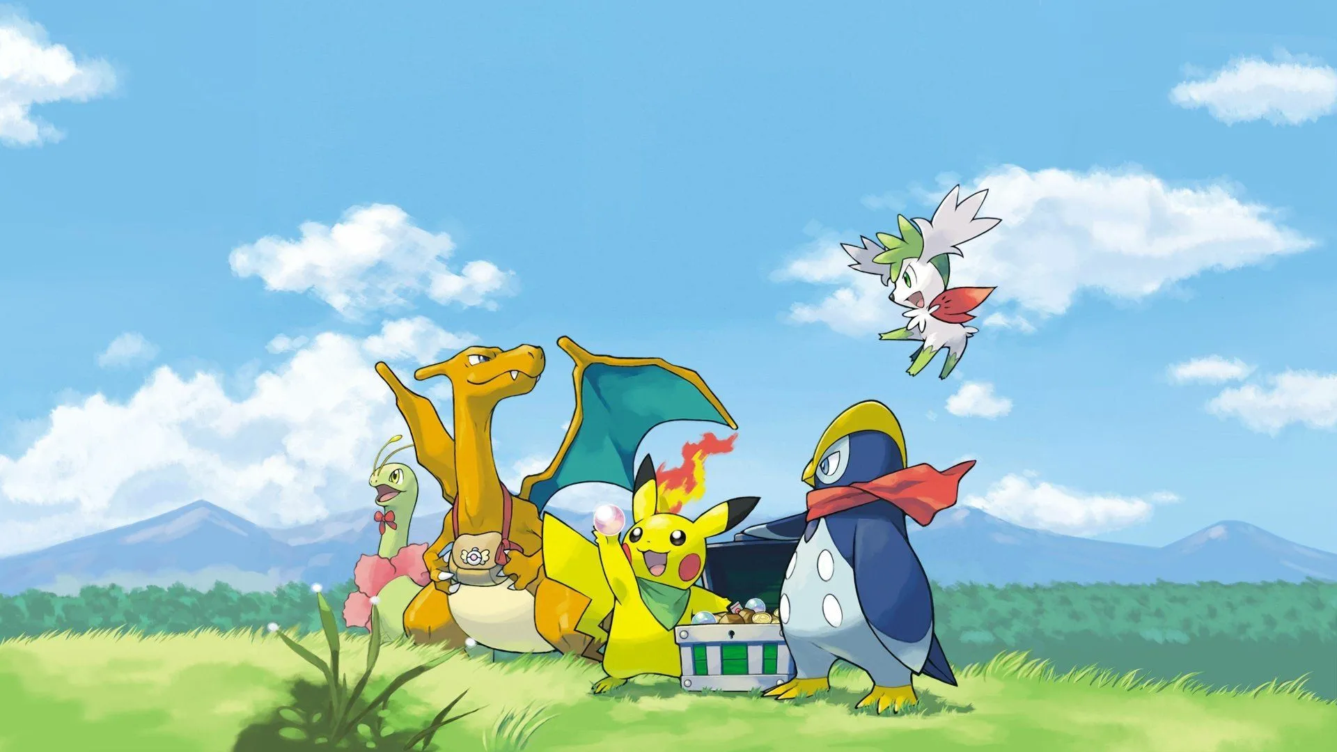 Pikachu và Charizard cùng các Pokémon khác trong trang phục lấy cảm hứng từ Mystery Dungeon, minh họa sự đa dạng của spin-off Pokémon