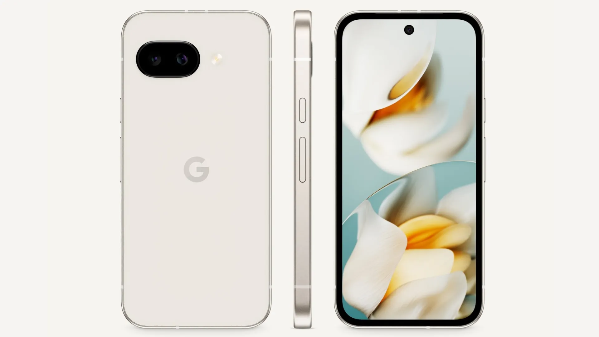 Pixel 9a màu Porcelain từ nhiều góc độ