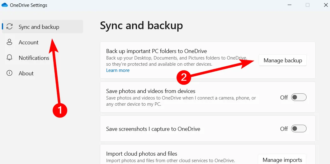 Quản lý cài đặt sao lưu các thư mục trong OneDrive trên Windows.