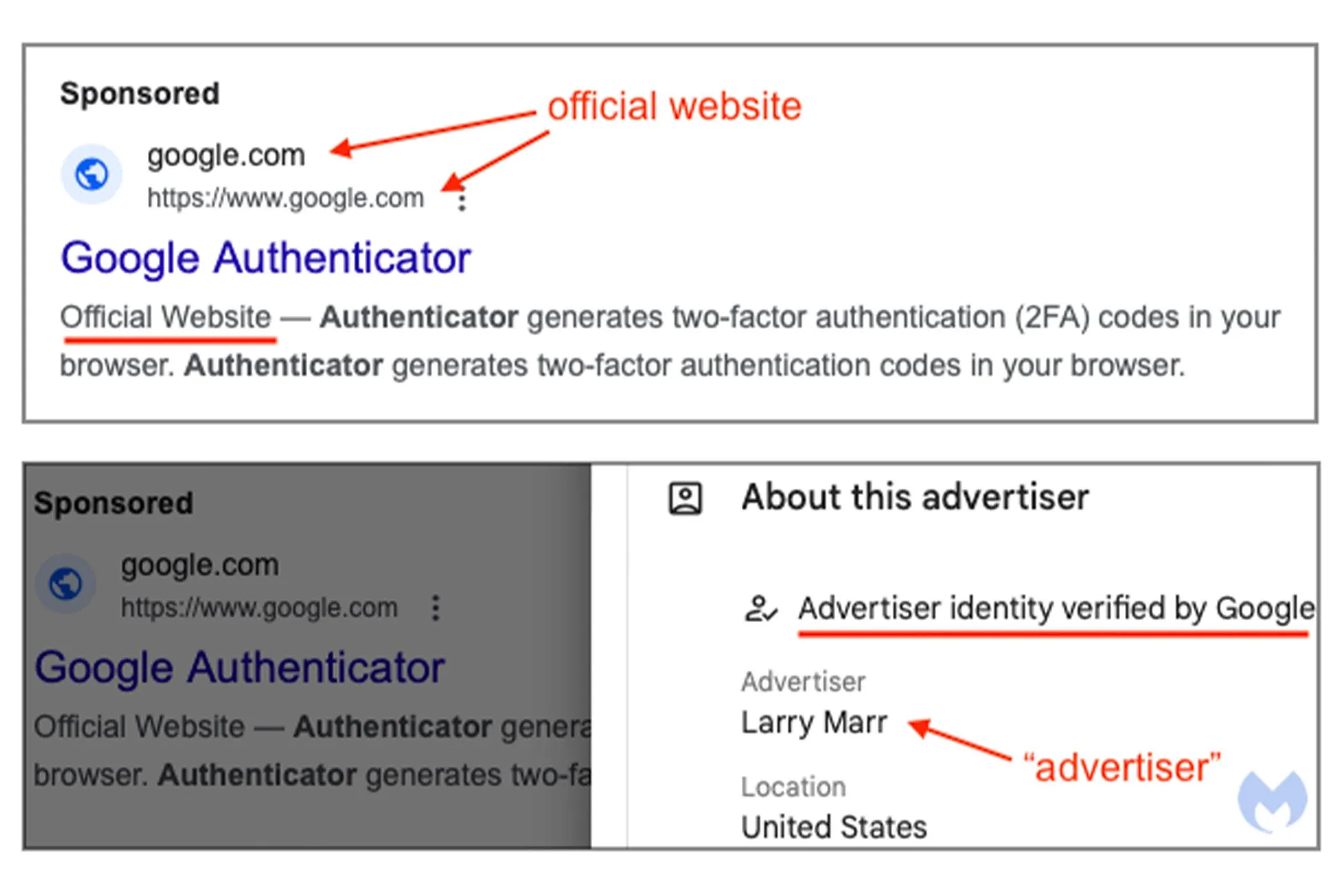 Quảng cáo giả Google Authenticator trên Google Search.