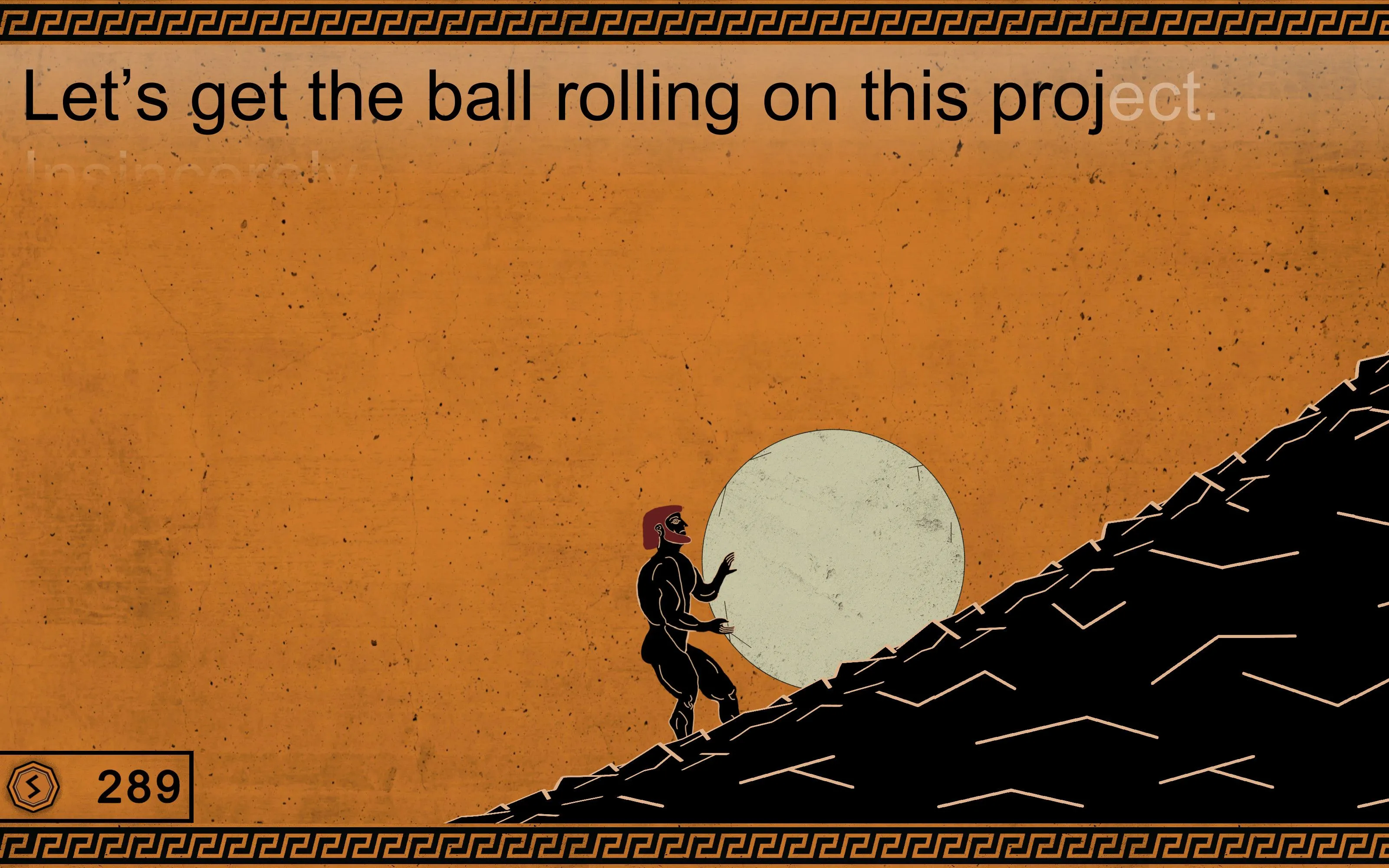 Sisyphus cuộn tảng đá lên đồi trong game Mondays: A Sisyphean Typing Game, minh họa luyện gõ phím.
