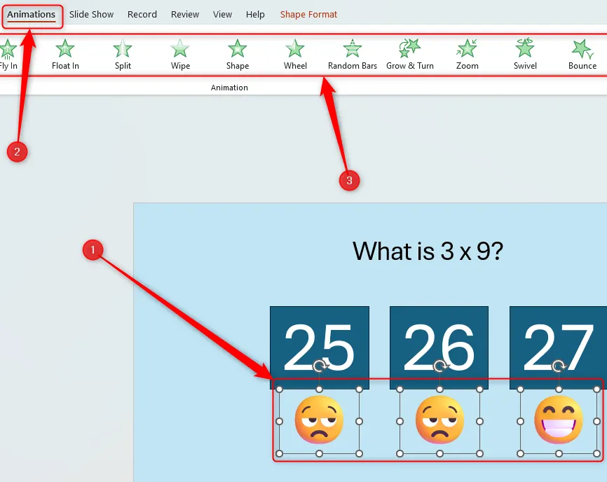 Slide PowerPoint với ba đối tượng được chọn và tab &quot;Animations&quot; đang mở ở trên cùng cửa sổ.